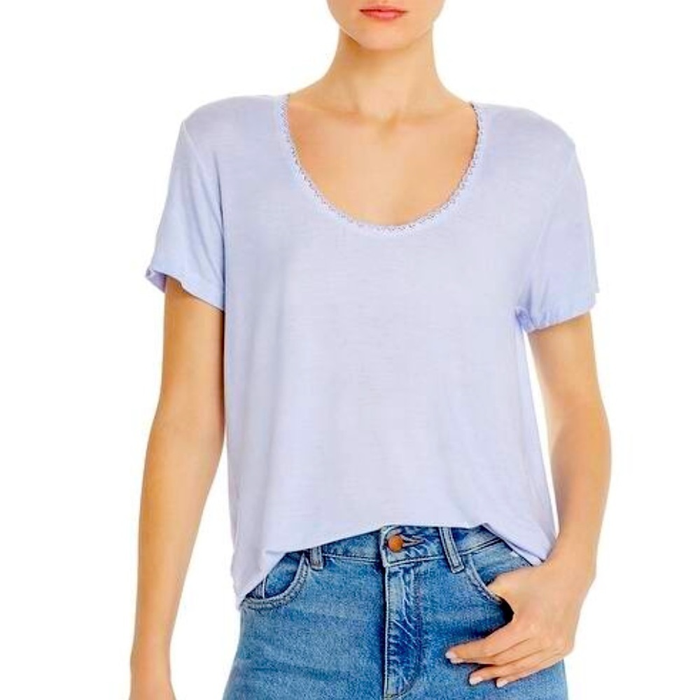 Aqua Womens T-Shirt Crochet Trim Jewel Neck XS